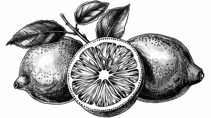 A black and white hand drawn illustration of lemon citrus fruit engraving. Scratch board style illustration.