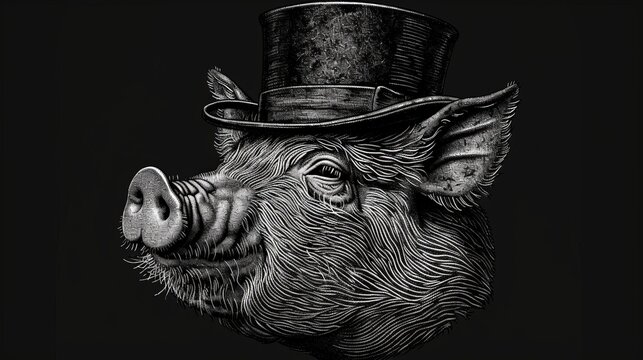 Illustration of a pig in a cylinder top hat in black and white. Scratch board style imitation.