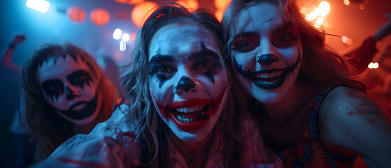 Fototapeta premium A group of friends making frightening faces for Halloween, posing with spooky decorations in the background