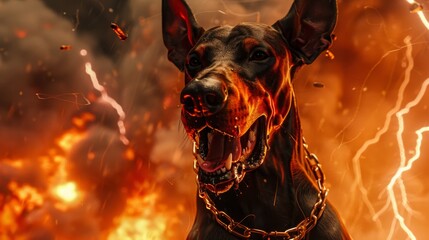 With Stock AI, a doberman dog barks in hell with chain thunder in the background