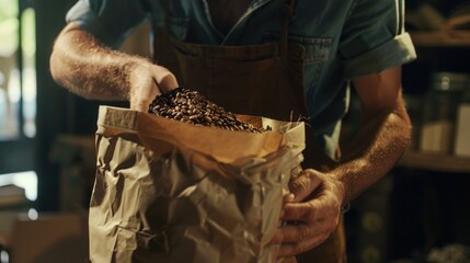 Obraz premium Man holding a bag of coffee beans, perfect for coffee shops or cafes