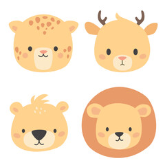 Set of vector cute animal faces. Leopard, lion, bear and deer. Illustrations in children's style on white background . Vector illustration