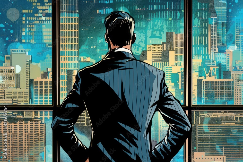 Poster a man in a suit standing and looking out a window. suitable for business concepts