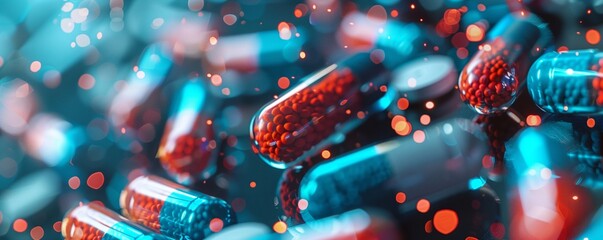 A close-up image of colorful capsules and pills with a bokeh effect, illustrating pharmaceutical and medical concepts.