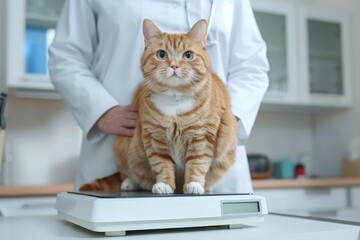 Diagnosis of Feline Obesity. Fat cat on scales of veterinary clinic, a veterinarian conducts an examination. Treatment of cats, dogs, pet health and life insurance, advertising for an animal clinic.