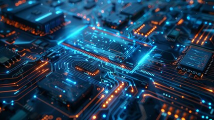 Obraz premium An abstract, futuristic, circuit-based computer with a server for cloud computing, cybersecurity, or fast connection. IT, innovation, and technology abstracts with a motherboard for speed online.