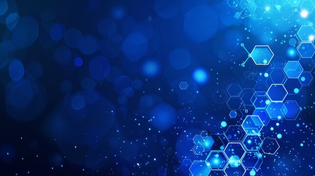 In this abstract blue background with digital data and hexagons, a digital marketing concept is illustrated using examples of generative artificial intelligence.