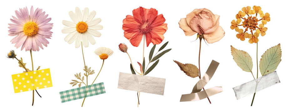 Real pressed flowers png element set on transparent background