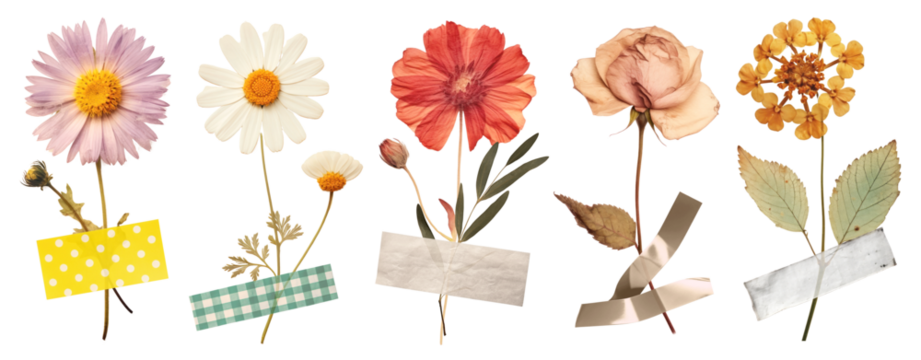 Real pressed flowers png element set on transparent background