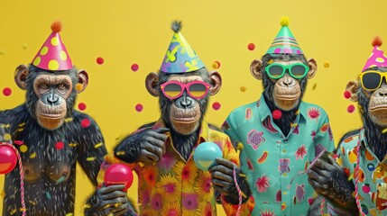 Obraz premium A group of apes wearing a mismatched set of colours isolated on a bright background. Birthday invitation banner concept.