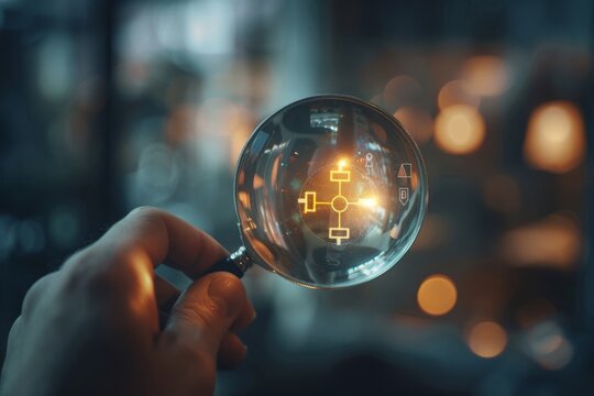 Health technology theme, a man’s hands holding magnifying glass on a blue or green screen with a medical assistance system.