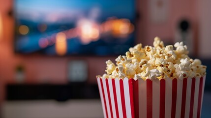 Packaging with red and white striped popcorn against the background of a home TV. The concept of watching movies or talk shows at home. Copy space