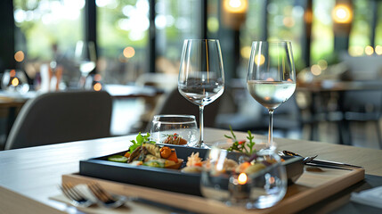 Modern tray with fusion dishes in a trendy hotel dining area, sleek design.