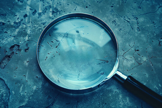 Health technology theme, a man’s hands holding magnifying glass on a blue or green screen with a medical assistance system.