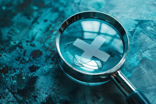 Health technology theme, a man’s hands holding magnifying glass on a blue or green screen with a medical assistance system.