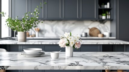 Elegant and pristine marble dining table in a Nordic-style kitchen. Elegant black and white design with navy storage on natural wood. Tableware and floral decorations included.
