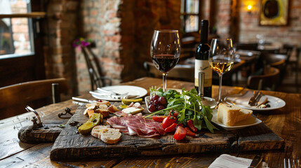 Rustic tray with antipasti and wine in a charming Italian trattoria.