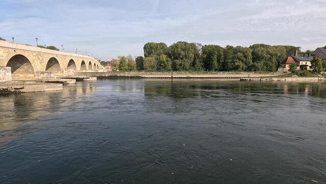 Old Stone Bridge (Steinerne Brucke) on the Danube River in Regensburg, Bavaria, Germany