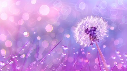 A dandelion close-up, with water drips on a purple bokeh background, capturing a dreamy, serene mood.