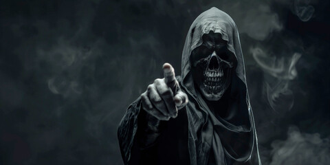 Grim Reaper pointing his index finger at the camera on a dark background, Halloween, banner