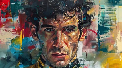 Ayrton Senna is honored in this painterly portrait with a blend of abstract elements and realism.