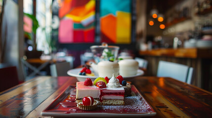 Tray with assorted desserts in a stylish bistro, artistic wall paintings.