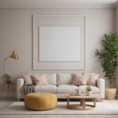 mock-up poster frame with a contemporary living room background in a 3D render and illustration