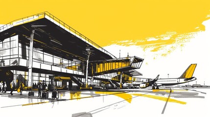 Naklejka premium A modern airport doodle in black and yellow fineliner pen. Author's notes can be inserted in the margins.