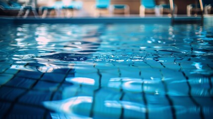 Naklejka premium Swimling pools, depth signs, blue water, no people, closeup shot. Concept Swimming pools, depth signs, blue water, no people, closeup shot