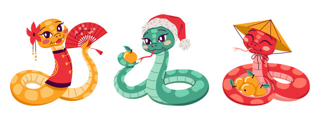 Cute snakes representing Chinese zodiac year 2D cartoon characters set. Reptiles with Asian accessories isolated vector animals on white