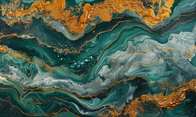 Abstract background or wallpaper of green gold, and white ink like liquid fluid painted painting...