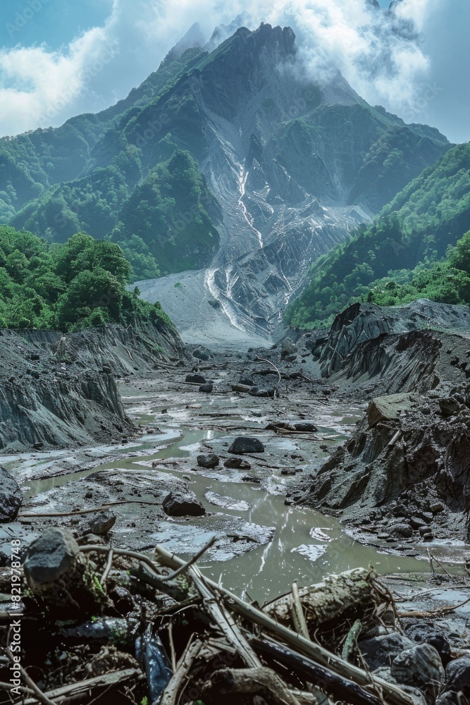 Poster Scenic view of a mountain with a river running through it. Suitable for nature and travel themes