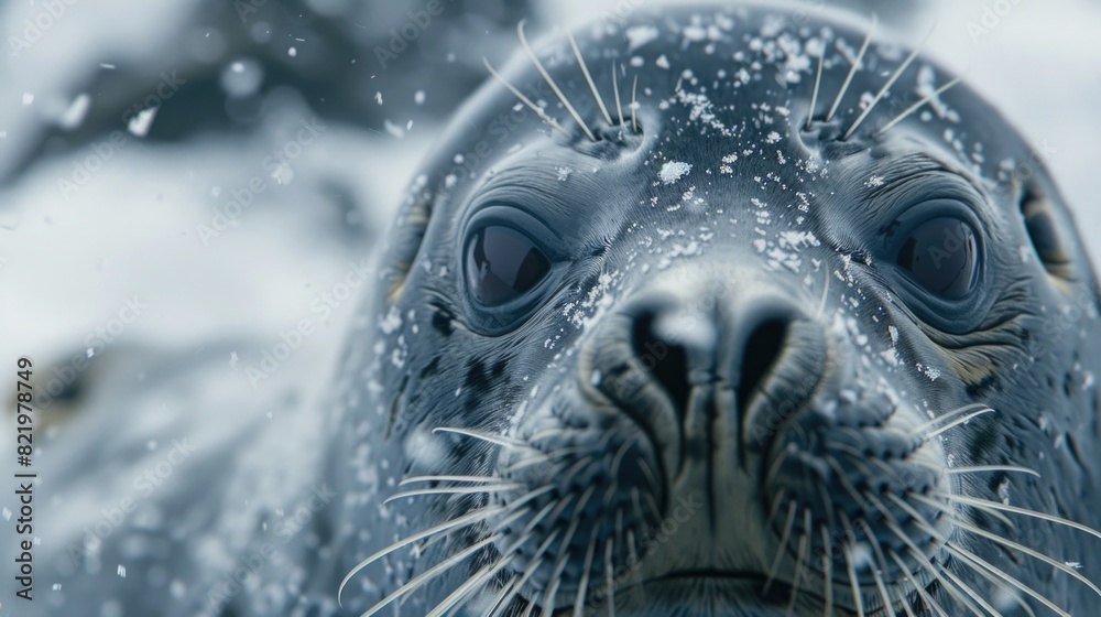 Poster A close up of a seal in the snow, suitable for nature and wildlife themes