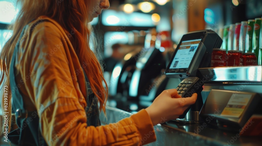 Poster a woman standing at a counter with a cell phone. suitable for business and technology concepts