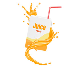 Juice box with straw in orange liquid whirl realistic vector illustration. Drinking organic beverage form carton pack 3d objects on white background