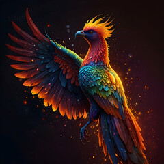Obraz premium A vibrant bird, possibly a phoenix, spreads its wings wide in a majestic display. The wings are adorned with a multitude of colorful dots, each glowing radiantly