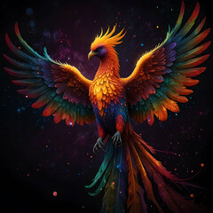 Fototapeta premium A vibrant bird, possibly a phoenix, spreads its wings wide in a majestic display. The wings are adorned with a multitude of colorful dots, each glowing radiantly