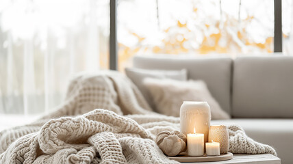 Burning candles in a cozy room interior in light beige colors in daylight
