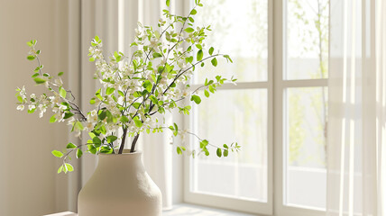 White vase with flowers on the background of a window in daylight close-up