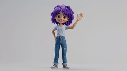 A girl character for animation, in 2D, 3D, and 4D views. Young woman with purple hair wearing jeans and t-shirt waving her hand at full height.