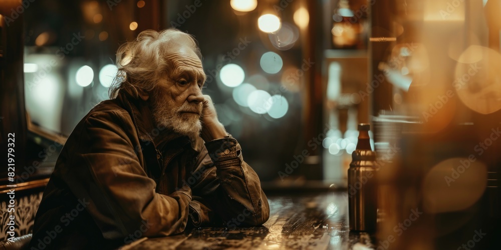 Poster a man sitting at a table with a bottle of beer. suitable for bar or restaurant concept
