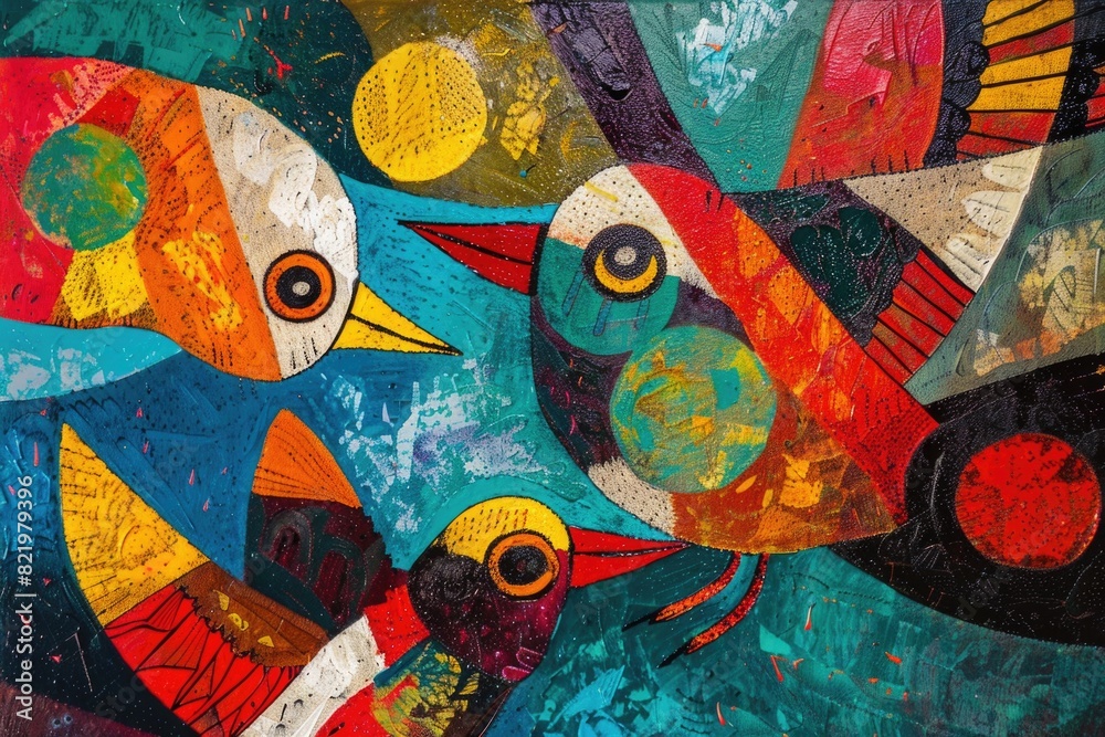 Poster Group of birds on a vibrant blue background. Suitable for various design projects