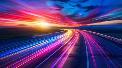 Rainbow neon background with vibrant light trails along an empty highway leading to the sunrise.