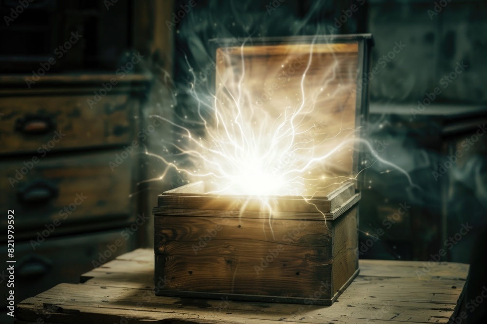 Poster a wooden box with a bright light shining out of it. suitable for various concepts and designs