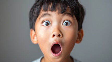 Portrait of a young boy with wide eyes and an open mouth, expressing surprise and amazement against a gray background.