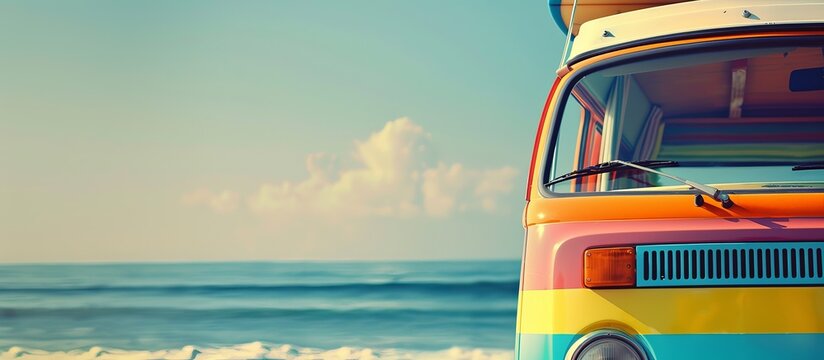 Detail of a colorful van on the beach with a surfboard on the roof. Summer concept of surfing and relaxing on the beach