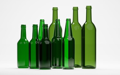 3d render of empty wine beer or liquor glass bottles for packaging industrial or recycle concept
