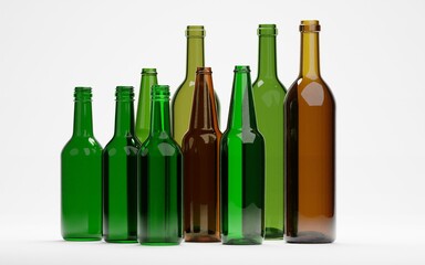 3d render of empty wine beer or liquor glass bottles for packaging industrial or recycle concept
