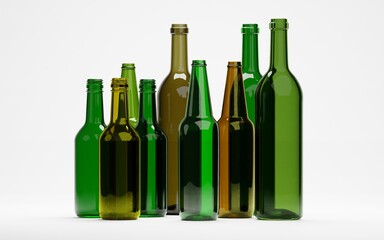 3d render of empty wine beer or liquor glass bottles for packaging industrial or recycle concept