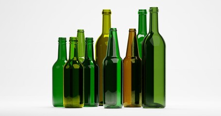 3d render of empty wine beer or liquor glass bottles for packaging industrial or recycle concept